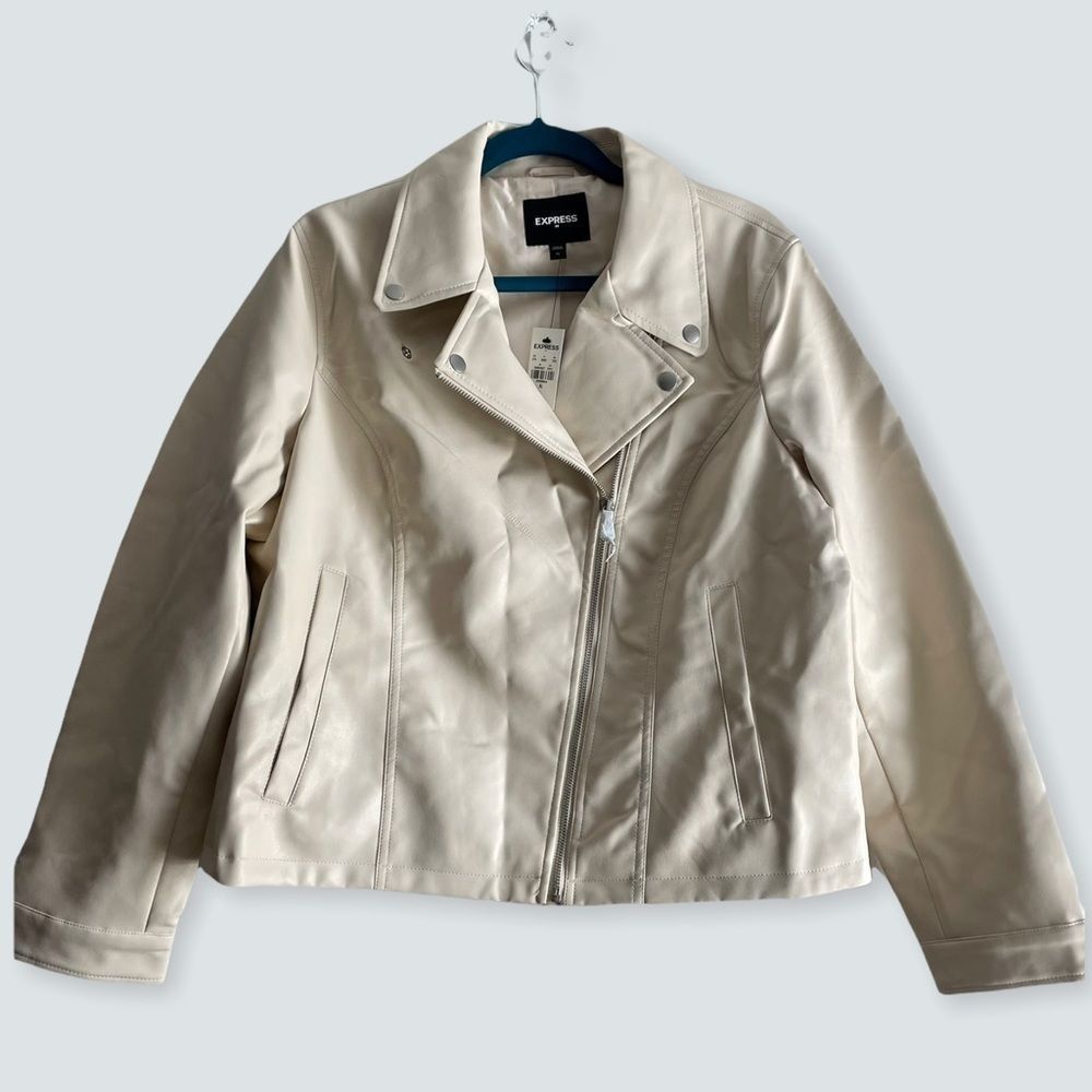 Cream, Beige Faux Leather Moto Jacket XL